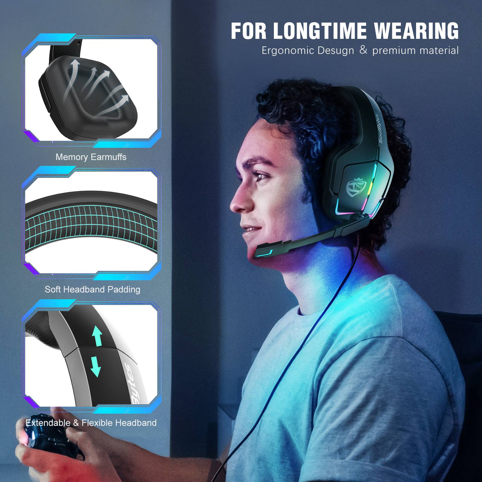 SOULBYTES S12 USB+3.5mm Wired Over-Ear Gaming Headphone RGB LED Light Professional E-sports Headset with Adjustable Microphone SOULBYTES S12 USB+3.5mm Wired Over-Ear Gaming Headphone RGB LED Light Professional E-sports Headset with Adjustable Microphone